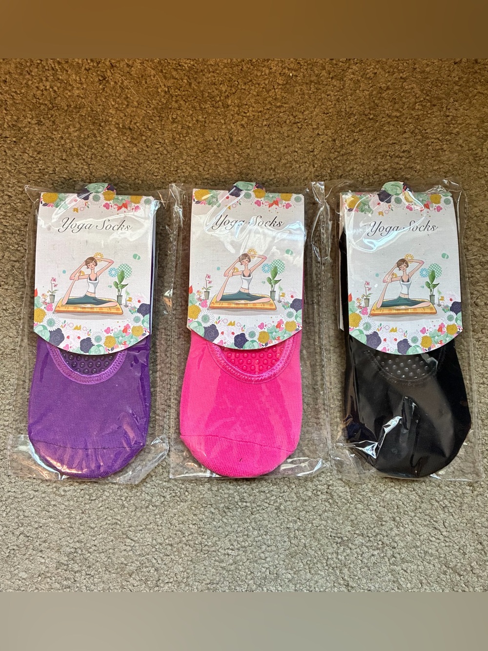 3 Pairs Of Grip Yoga Socks for Women - Purple, Pink & Black New OS